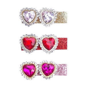 Three-piece set of girls' glitter heart hair clips with colorful sparkling rhinestones