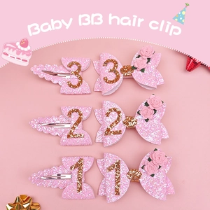 Pink glitter baby hair clips set with gold numbers 1-3 and cute rose decorations