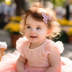 Toddler girl wearing pink glitter bow hair clip with gold number 3 in outdoor garden setting