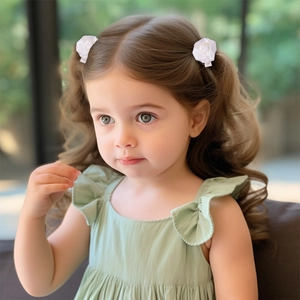Gros plan de barrettes roses en satin blanc portées avec une robe verte à volants