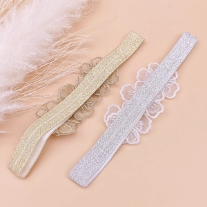 Set of two gold and silver elastic lace flower headbands for baby girls and infants
