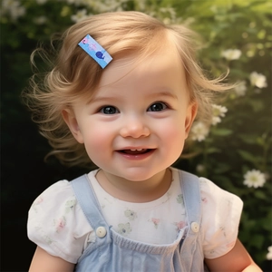 Close-up of a blue whale and anchor pattern hair clip worn by a young girl in a garden