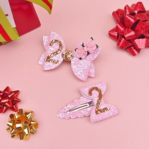 Pink glitter bow hair clip set with number 2 and rose for toddler girl's birthday