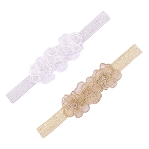 Two-pack baby girl embroidered lace headbands with floral design in white and gold colors