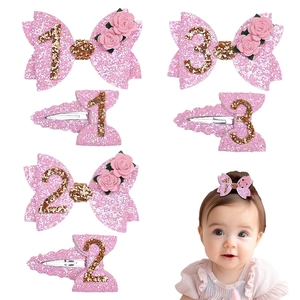 Handmade Pink Glitter Bow Hair Clip With Flower Gold Number One Two Three Birthday Party Hairpins For Baby Girls Kids