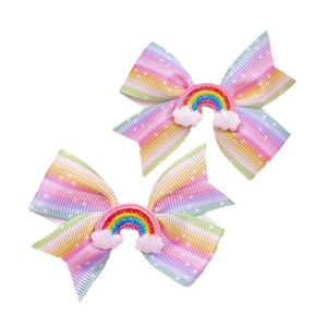 Rainbow ribbon hair clips for girls with cloud and rainbow resin ornaments on white background