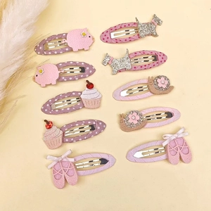 Lot de 10 barrettes roses pour enfants avec motifs cochon, chien et cupcake en ruban