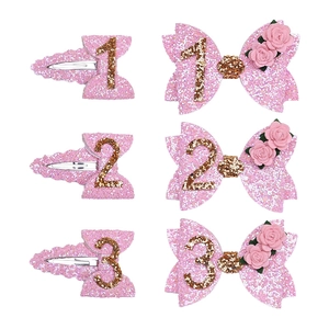 Pink glitter kids birthday hair clip set with number 1 2 3 and fabric roses