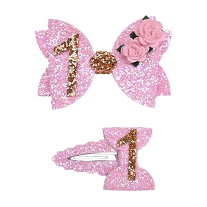 Pink glitter bow hair clip set with roses and golden number one for 1st birthday party