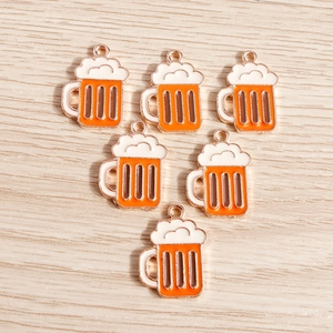 Set of six alloy beer mug pendants with orange enamel for DIY necklace jewelry making