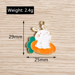 Detail showing white bunny and orange carrot alloy pendant with size and weight specs