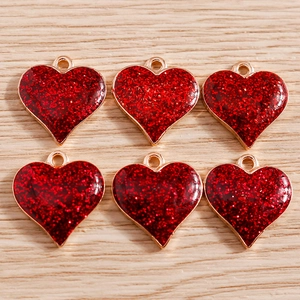 Lot de 6 pendentifs cœur rouge pailleté avec bords dorés pour la création de bijoux