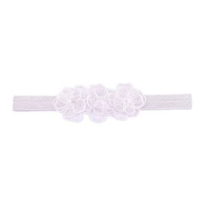 White baby headband with three 3D lace flowers and delicate embroidery detail