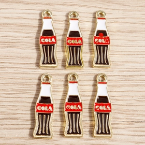 Miniature alloy cola bottle charms with red labels and golden lettering for DIY jewelry