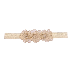 Elastic golden headband for baby girls with three delicate lace embroidery flowers