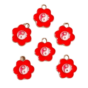 Red cherry blossom pendants with Tai Chi yin yang pattern and gold plated alloy finish