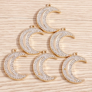 Set of six gold moon pendants with clear rhinestones for DIY jewelry making