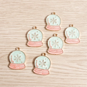 Delicate snowflake crystal ball alloy charms with mint and pink enamel for DIY jewelry making