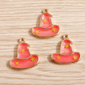 Pink enamel witch hat pendants with yellow stars and gold metal edge for jewelry making
