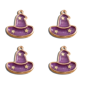 Pack of 4 purple wizard hat charms with gold star details and sparkling enamel finish