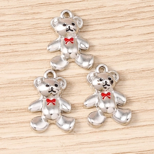 Three silver alloy bear pendants with red bow ties for DIY jewelry making accessories