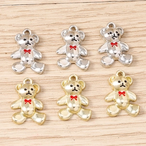 Set of 8 alloy bear pendants with red bow ties in gold and silver finish for DIY jewelry