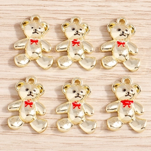 Golden alloy bear pendants with red enamel bows for DIY jewelry making, set of six pieces