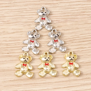 Pack of 8 DIY alloy bear charms in gold and silver finish with red bow tie accents