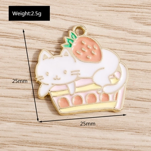 Detail view of pink strawberry cat enamel charm with 25mm dimensions and weight of 2.5g