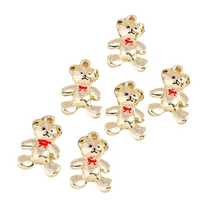 Set of six gold alloy bear charms with red bow ties for DIY jewelry making