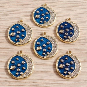 Alloy Enamel Rhinestone Celestial Moon Star Planet Pendants For DIY Jewelry Making Gold Royal Blue Enamel Pendant Charms