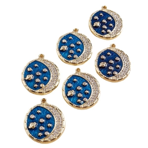 Golden celestial star and moon charms with blue enamel and sparkling zircons for DIY jewelry