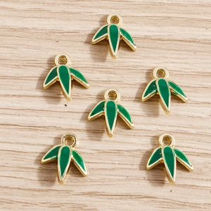 Set of 6 green enamel bamboo leaf charms with gold plating for DIY jewelry projects
