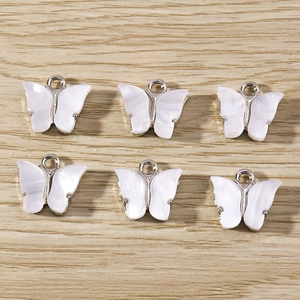 Set of six sweet butterfly pendants with white pearl luster and silver metal base for DIY