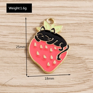 Detail view of cat and strawberry enamel pendant charm with 25mm dimensions and weight specs