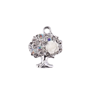 Ciondolo albero argentato con strass scintillanti e fiore in resina per gioielli fai-da-te