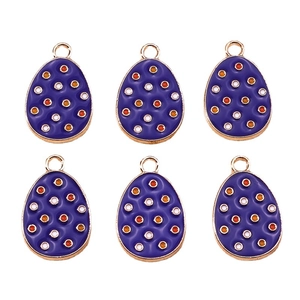 Set of six purple Easter egg pendants with colorful polka dots and golden metal loops