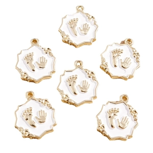 Golden alloy handprint and footprint pendant charms with white enamel for DIY jewelry making