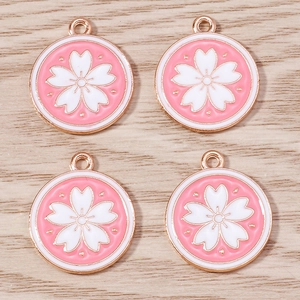 Pink enamel cherry blossom pendants with rose gold alloy trim for DIY jewelry