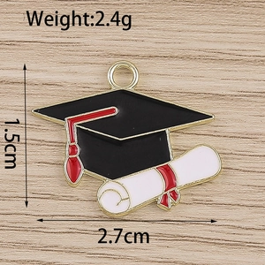 Detailed view of graduation cap and diploma alloy pendant showing 2.7cm width dimensions