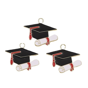 Three enamel graduation cap and diploma pendants with gold trim for DIY jewelry