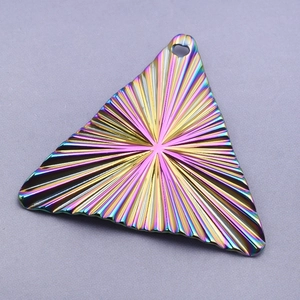 Macro shot of 18k gold plated stainless steel triangle pendant with radial texture
