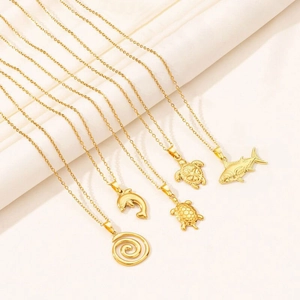 Vintage Edelstahl Ozean Tier Anhänger Halskette Für Damen Gold Silber Plattiert Meeresschildkröte Delfin Fisch Spirale Schmuck