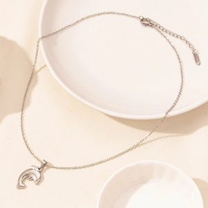 Detailaufnahme einer polierten Edelstahl-Delfinkette auf einer eleganten Keramikschale