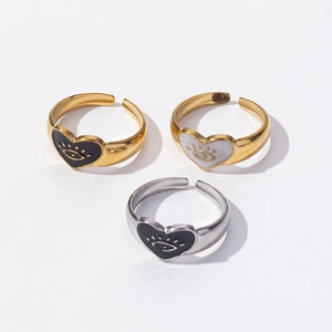 French vintage style 304 stainless steel heart rings set with evil eye enamel details