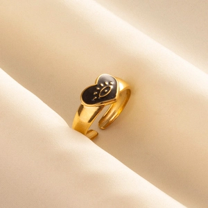 Vintage 304 stainless steel gold open ring with black enamel heart and evil eye detail