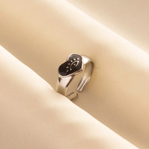 French vintage 304 stainless steel open ring with a black enamel heart eye design