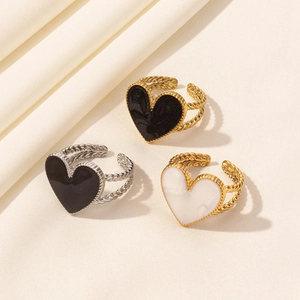 Bague Ouverte Cœur en Acier Inoxydable Vintage Français Ajustable en Émail Design de Corde Torsadée Bijoux pour Femmes