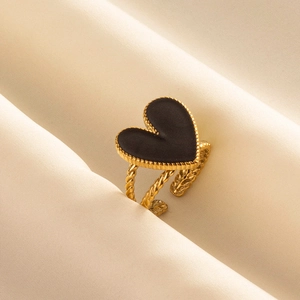 Bague vintage en acier inoxydable 304 doré avec cœur noir et anneau torsadé chic