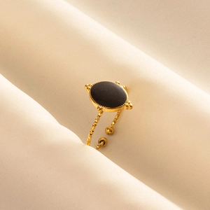 Bague ouverte en acier 304 avec pierre noire ovale et texture diamantée dorée chic